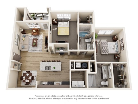Floor plan for 2 beds, 2 baths, 1134 sqft